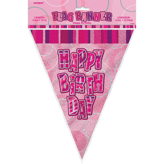 "Happy Birthday" Glitz Pink Flag Banner - 3.65m