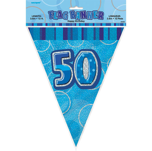 "50" Glitz Blue Flag Banner - 3.65m