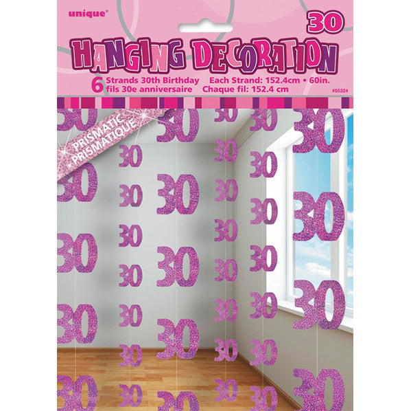 Glitz Pink "30" Hanging Decorations (Pack of 6)