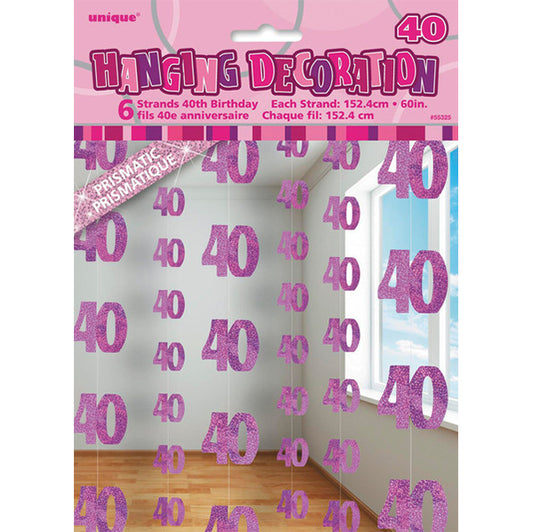 Glitz Pink "40" Hanging Decorations (Pack of 6)