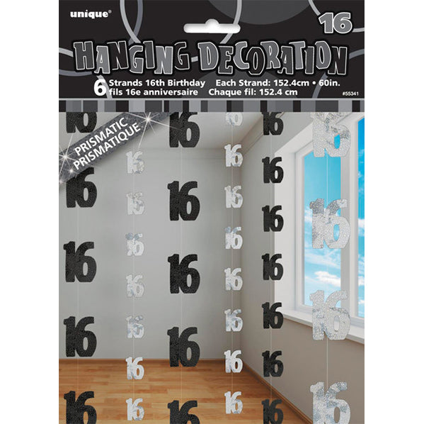 Glitz Black & Silver "16" Hanging Decorations (Pack of 6)