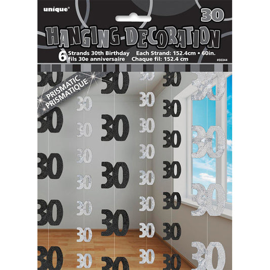 Glitz Black & Silver "30" Hanging Decorations (Pack of 6)