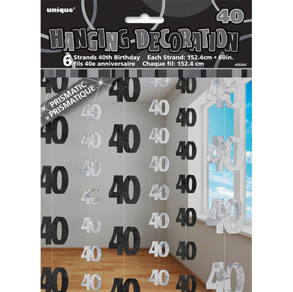 Glitz Black & Silver "40" Hanging Decorations (Pack of 6)