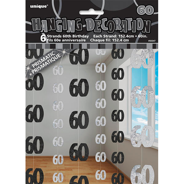 Glitz Black & Silver "60" Hanging Decorations (Pack of 6)