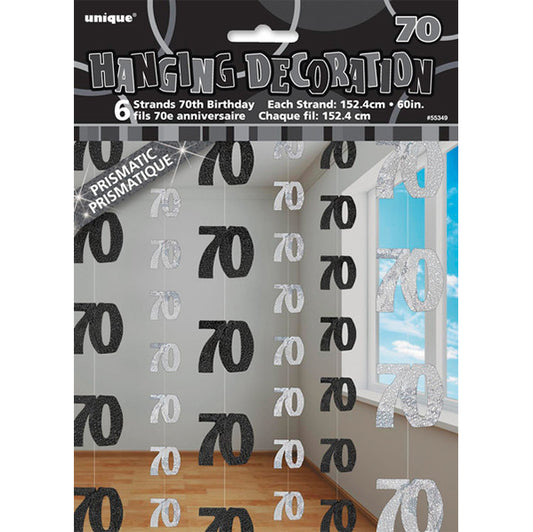 Glitz Black & Silver "70" Hanging Decorations (Pack of 6)