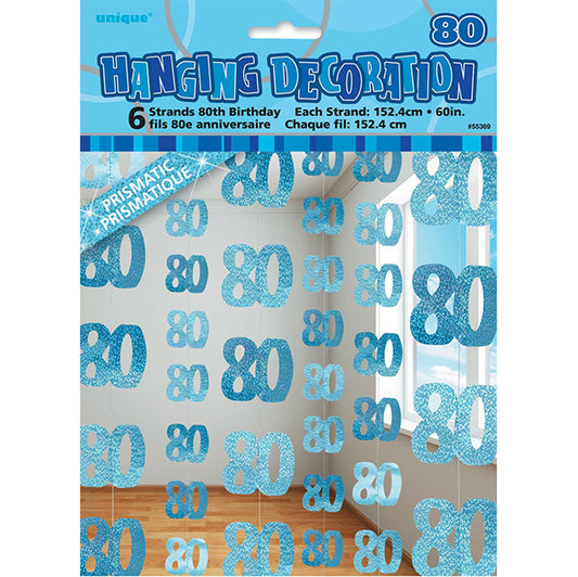 Glitz Blue "80" Hanging Decorations (Pack of 6)