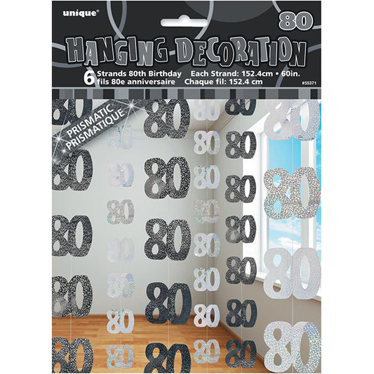 Glitz Black & Silver "80" Hanging Decorations (Pack of 6)