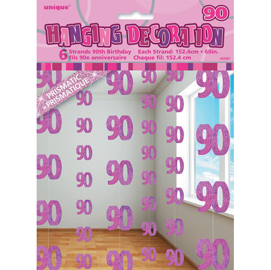 Glitz Pink "90" Hanging Decorations (Pack of 6)