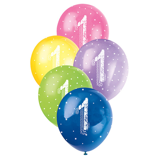 Number "1" Assorted Colour Pearl Balloons 30cm (Pack of 5)