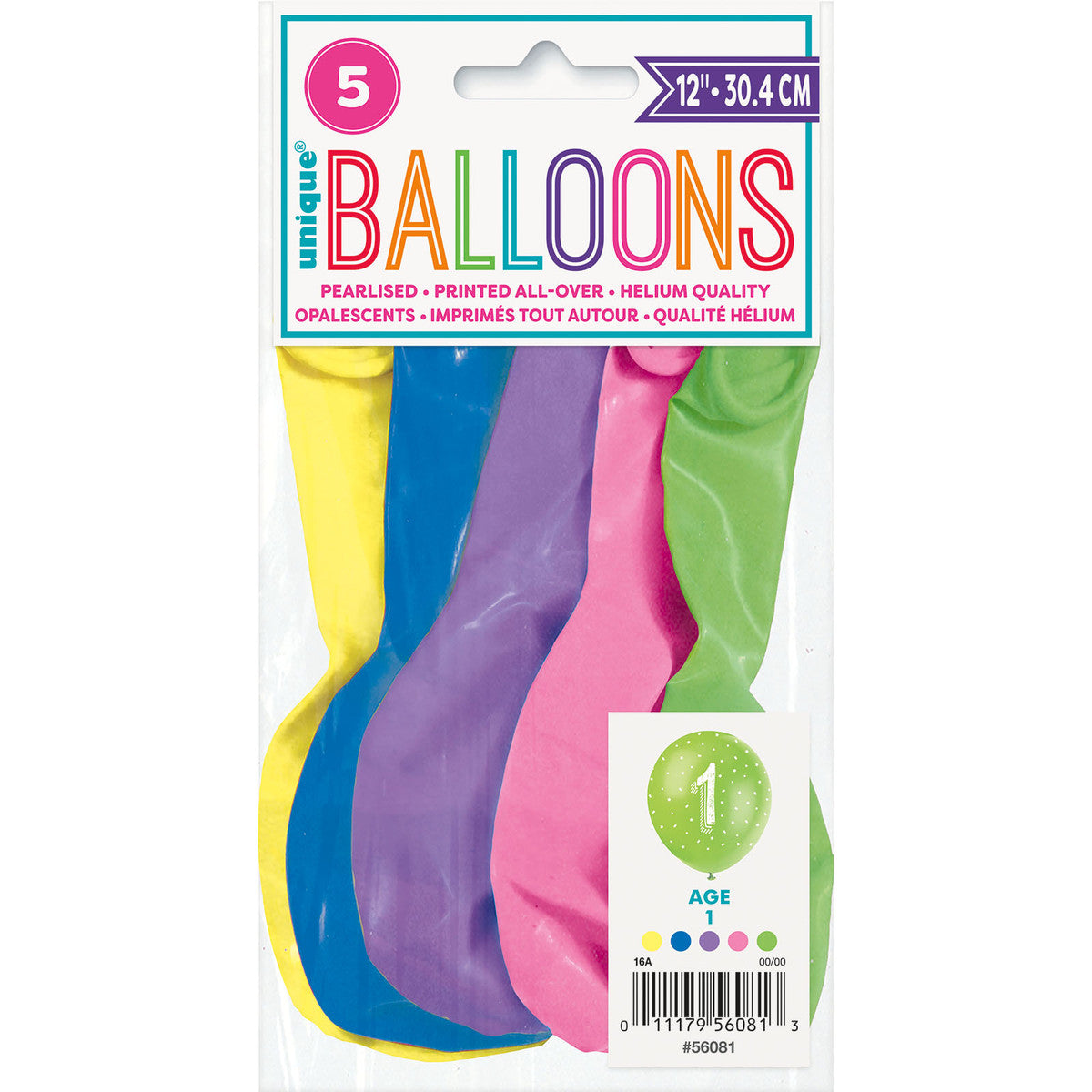 Number "1" Assorted Colour Pearl Balloons 30cm (Pack of 5)