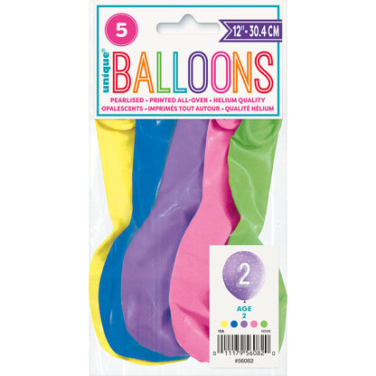 Number "2" Assorted Colour Pearl Balloons 30cm (Pack of 5)