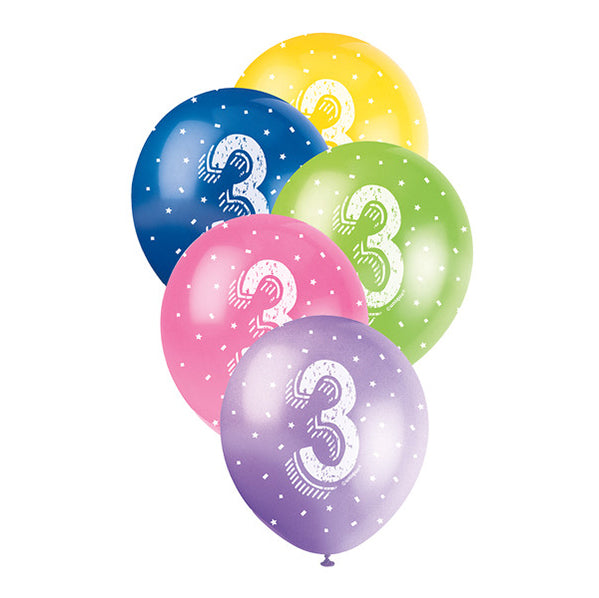 Number "3" Assorted Colour Pearl Balloons 30cm (Pack of 5)