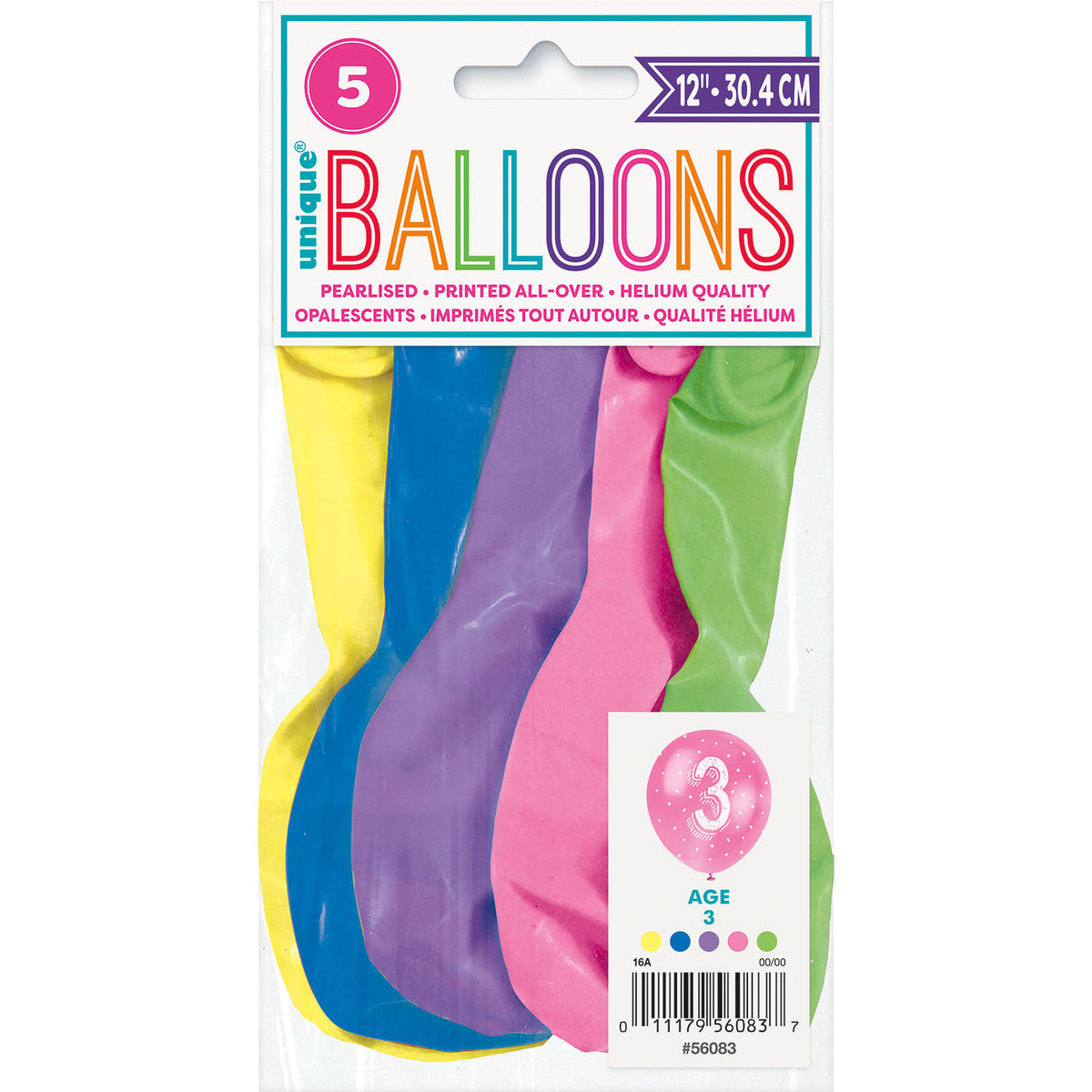 Number "3" Assorted Colour Pearl Balloons 30cm (Pack of 5)