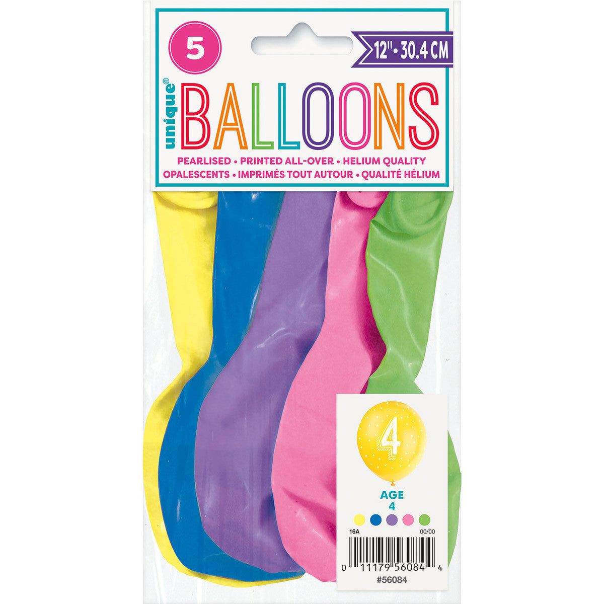 Number "4" Assorted Colour Pearl Balloons 30cm (Pack of 5)