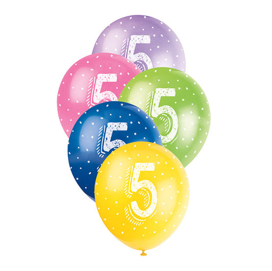 Number "5" Assorted Colour Pearl Balloons 30cm (Pack of 5)