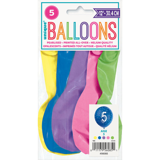 Number "5" Assorted Colour Pearl Balloons 30cm (Pack of 5)