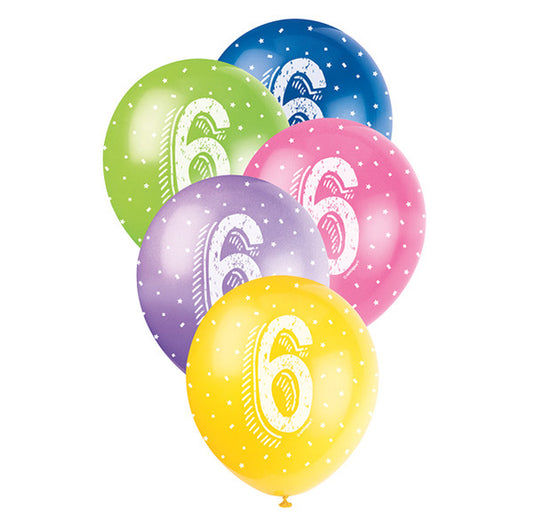 Number "6" Assorted Colour Pearl Balloons 30cm (Pack of 5)