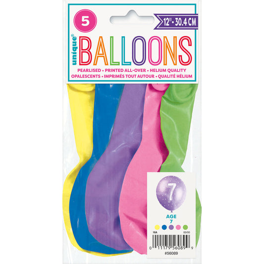 Number "7" Assorted Colour Pearl Balloons 30cm (Pack of 5)