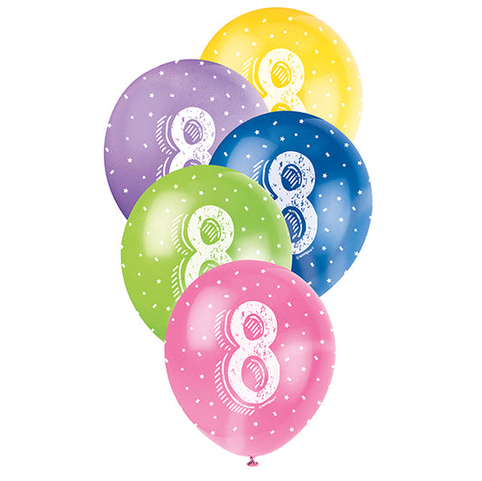 Number "8" Assorted Colour Pearl Balloons 30cm (Pack of 5)