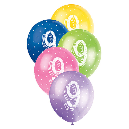 Number "9" Assorted Colour Pearl Balloons 30cm (Pack of 5)