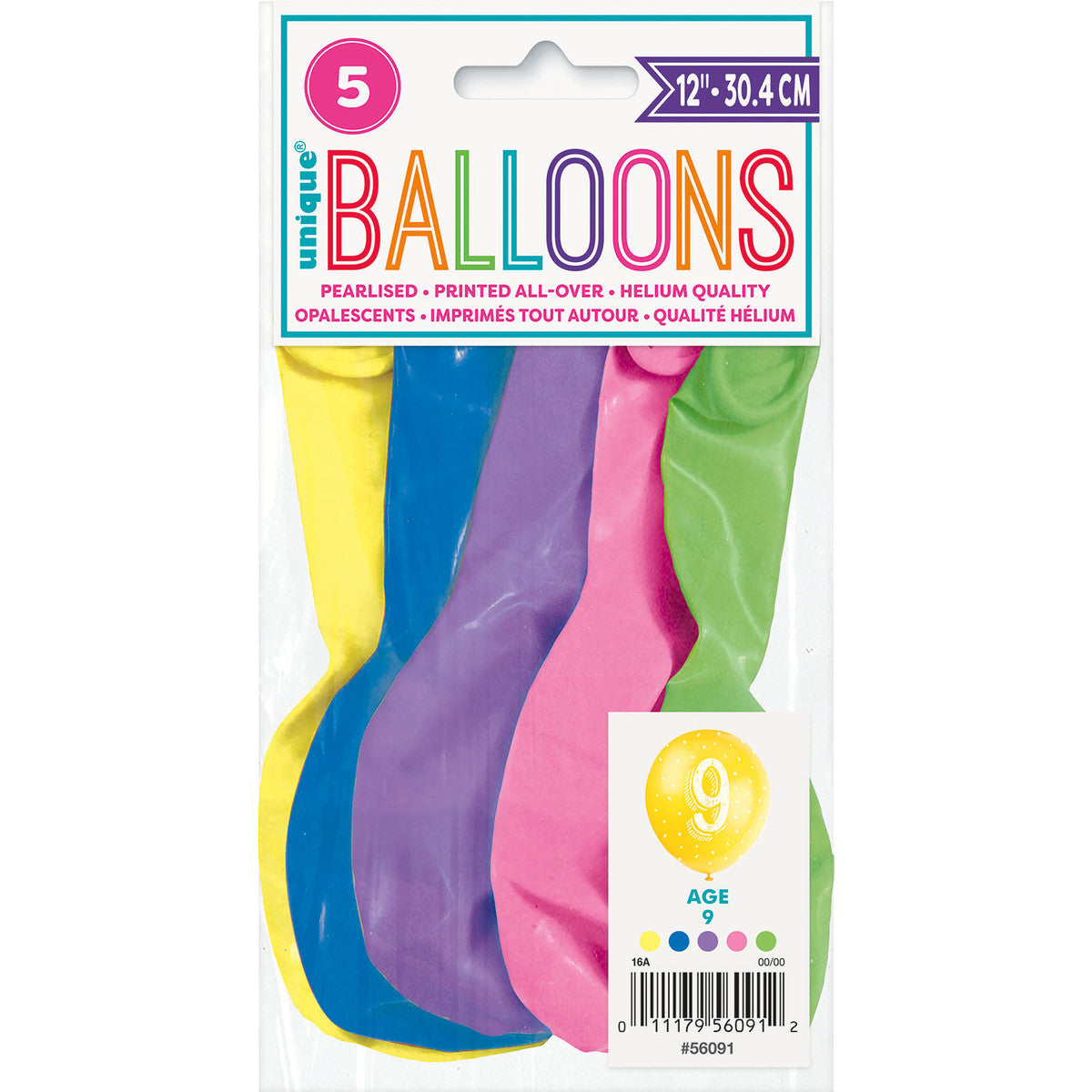 Number "9" Assorted Colour Pearl Balloons 30cm (Pack of 5)