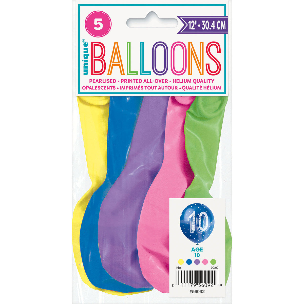 Number "10" Assorted Colour Pearl Balloons 30cm (Pack of 5)