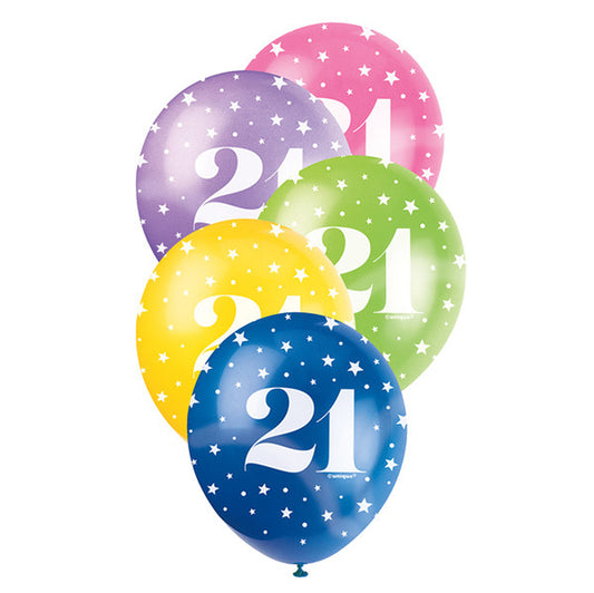 Number "21" Assorted Colour Pearl Balloons 30cm (Pack of 5)