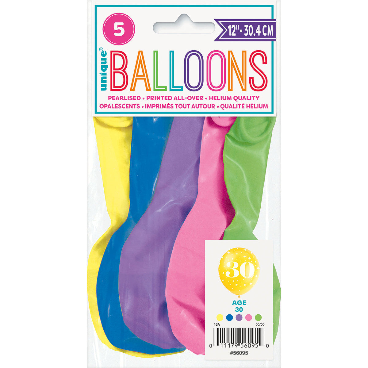 Number "30" Assorted Colour Pearl Balloons 30cm (Pack of 5)