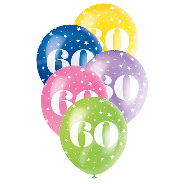 Number "60" Assorted Colour Pearl Balloons 30cm (Pack of 5)