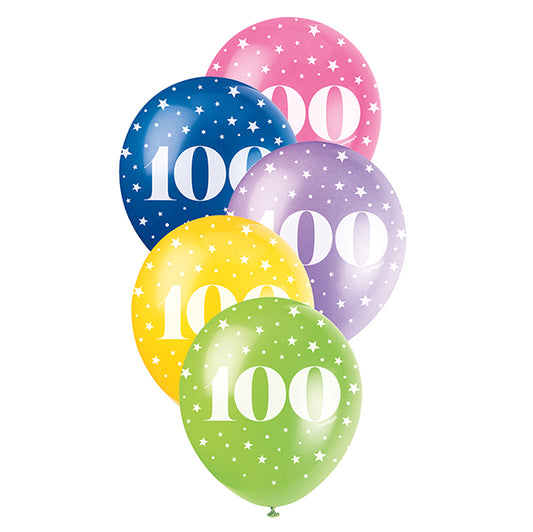 Number "100" Assorted Colour Pearl Balloons 30cm (Pack of 5)