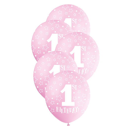 "1st Birthday" Lovely Pink Pearl Balloons 30cm (Pack of 5)