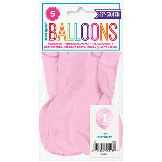 "1st Birthday" Lovely Pink Pearl Balloons 30cm (Pack of 5)