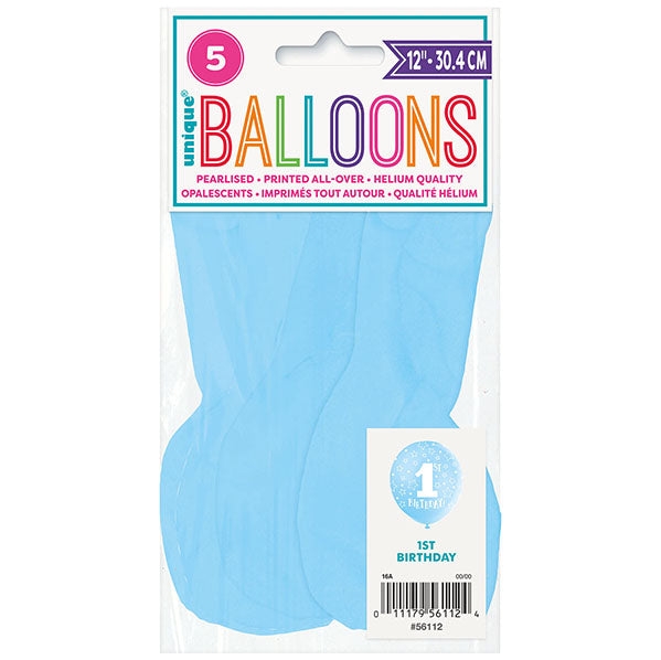 "1st Birthday" Powder Blue Pearl Balloons 30cm (Pack of 5)