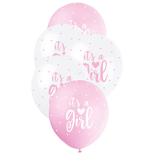 "It's A Girl" Lovely Pink & White Pearl Balloons 30cm (Pack of 5)