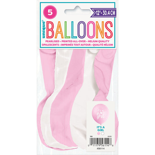 "It's A Girl" Lovely Pink & White Pearl Balloons 30cm (Pack of 5)