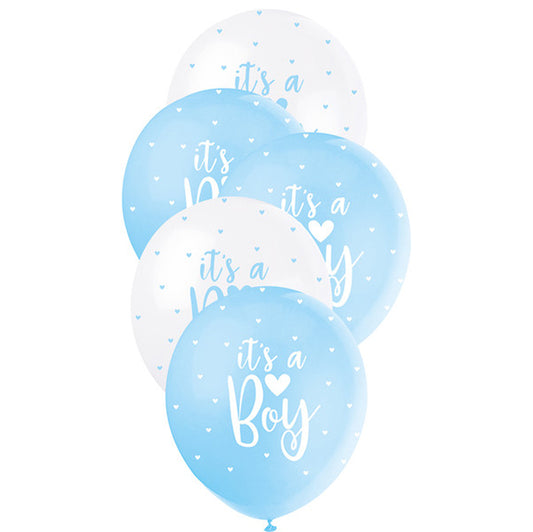 "It's A Boy" Powder Blue & White Pearl Balloons 30cm (Pack of 5)