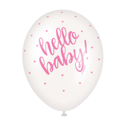 "Hello Baby" Pink & White Pearl Balloons 30cm (Pack of 5)