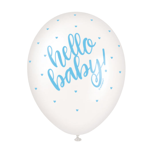 "Hello Baby" Blue & White Pearl Balloons 30cm (Pack of 5)