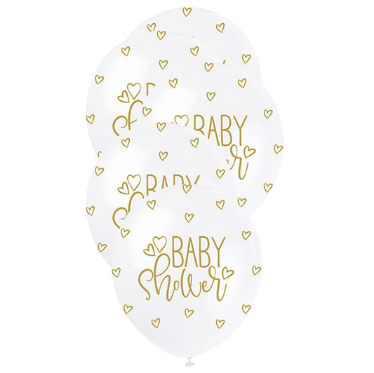 "Baby Shower" Gold & White Pearl Balloons 30cm (Pack of 5)