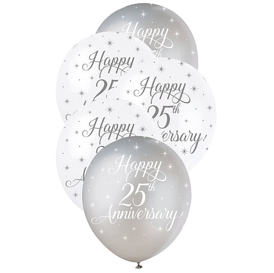 "Happy 25th Anniversary" Silver & White Pearl Balloons 30cm (Pack of 5)