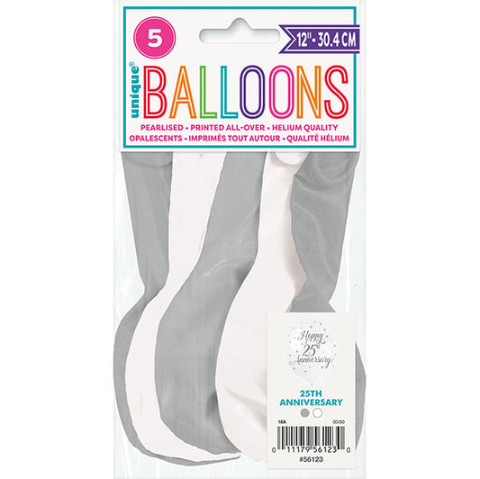 "Happy 25th Anniversary" Silver & White Pearl Balloons 30cm (Pack of 5)