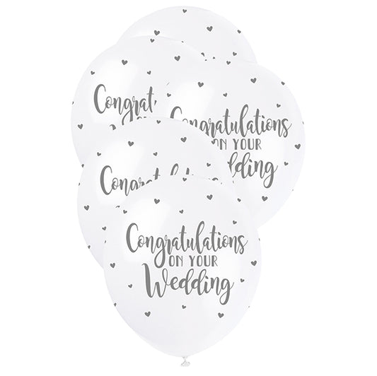 "Congrats On Your Wedding" Silver & White Pearl Balloons 30cm (Pack of 5)