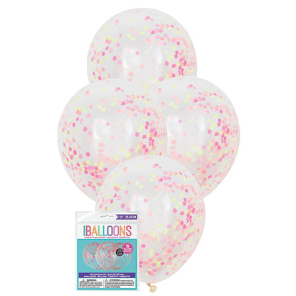 Clear Balloons With Neon Confetti Balloons 30cm (Pack of 6)