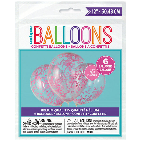 Clear Balloons With Hot Pink Confetti Balloons 30cm (Pack of 6)