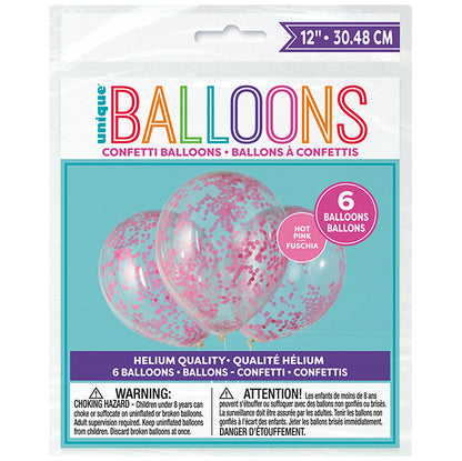 Clear Balloons With Hot Pink Confetti Balloons 30cm (Pack of 6)