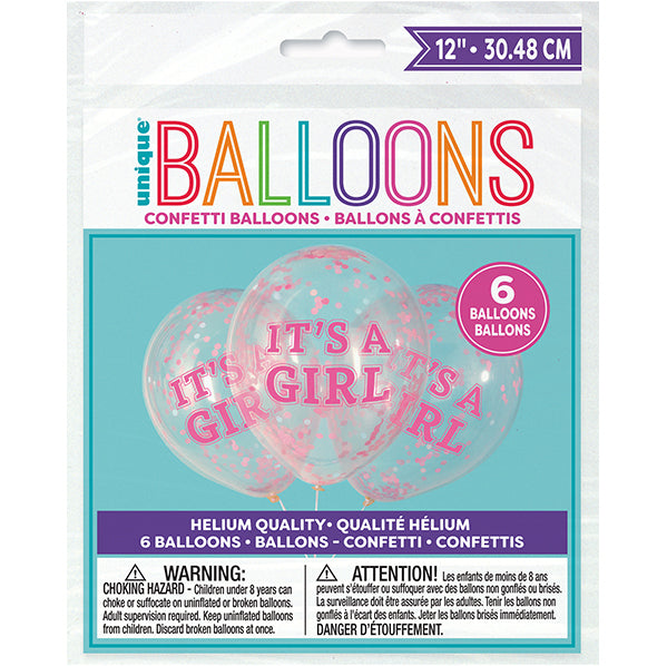 "It's A Girl" Clear Balloons With Pink Confetti Balloons 30cm (Pack of 6)