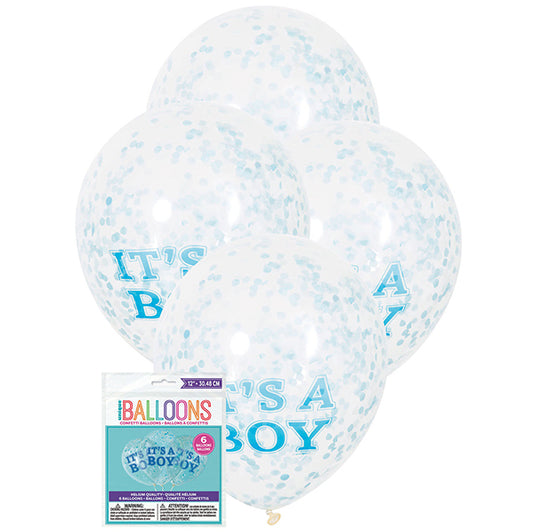 "It's A Boy" Clear Balloons With Blue Confetti Balloons 30cm (Pack of 6)