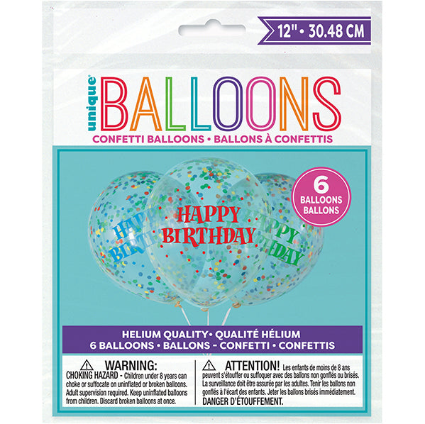 "Happy Birthday" Clear Balloons With Bright Confetti Balloons 30cm (Pack of 6)