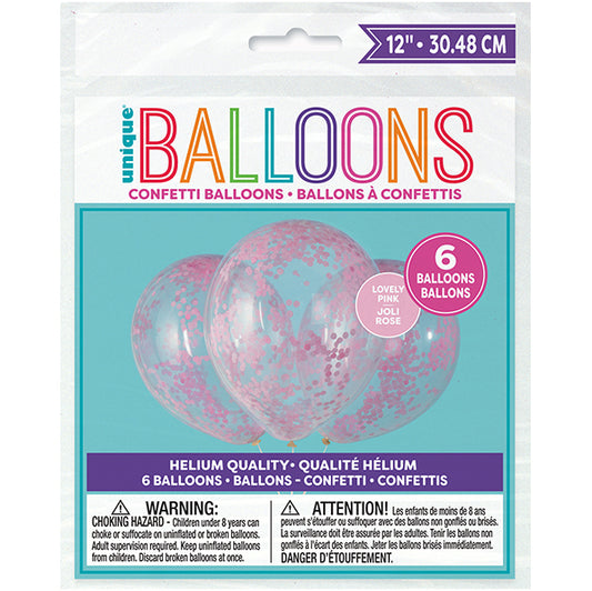 Clear Balloons With Lovely Pink Confetti Balloons 30cm (Pack of 6)