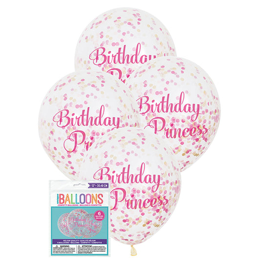 "Birthday Princess" Clear Balloons With Dark Pink, Light Pink & Gold Confetti Balloons 30cm (Pack of 6)